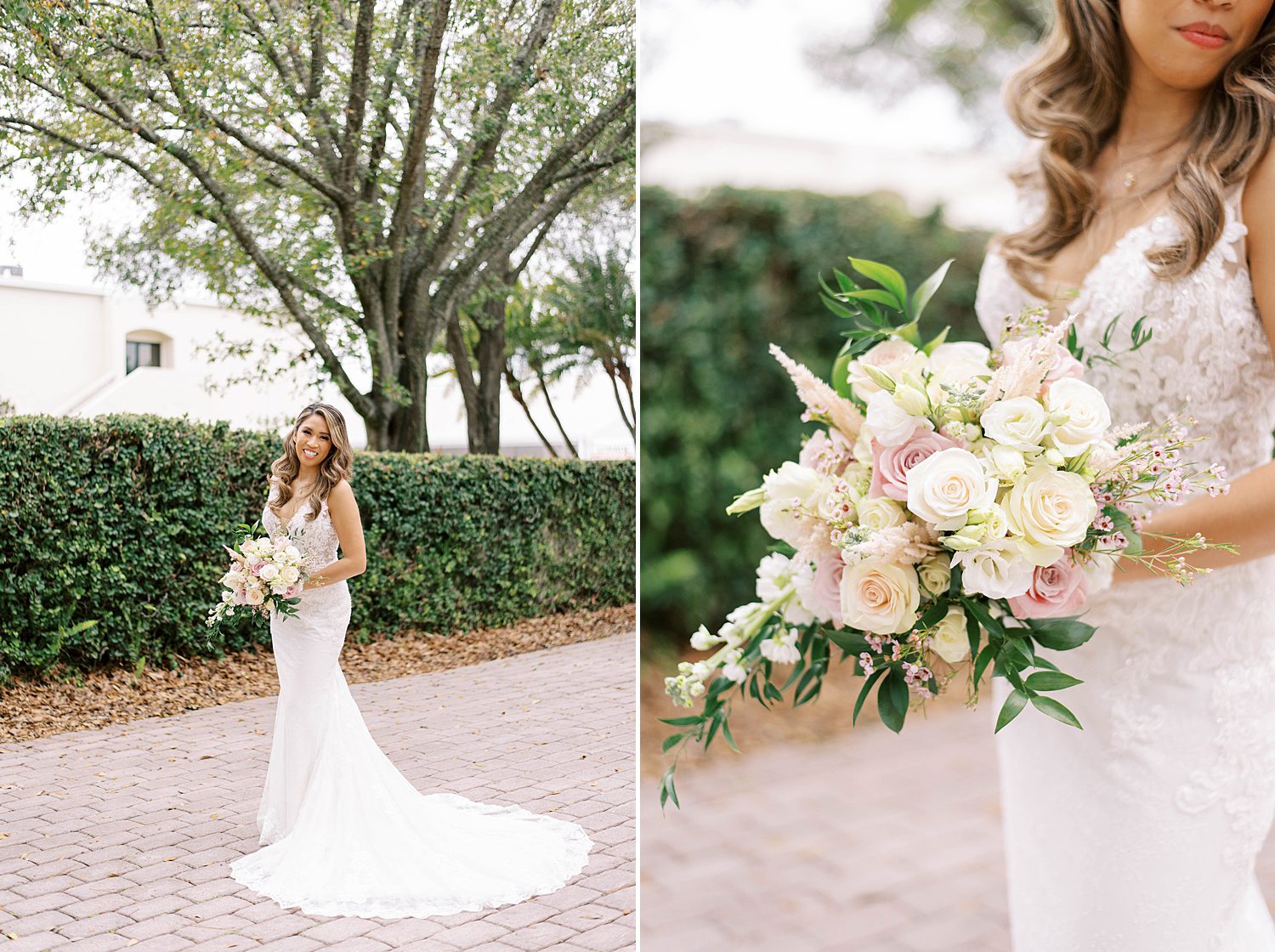 bride poses with ivory and pink bouquet on brick patio in Tampa FL