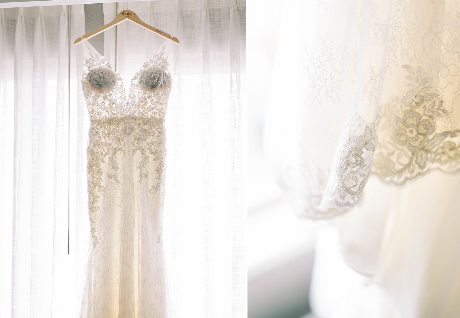 wedding dress hangs in window of Tampa FL hotel 