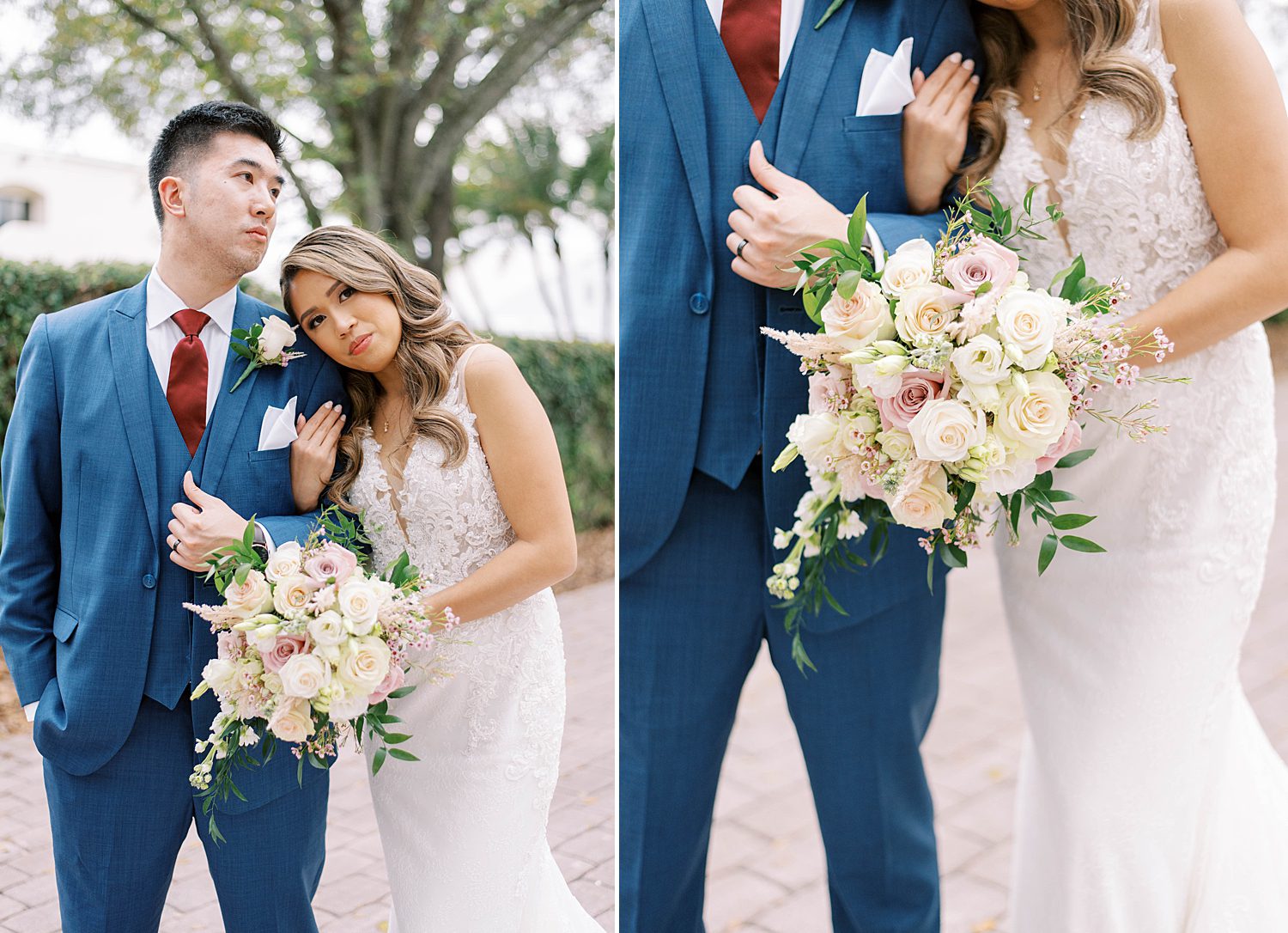 bride leans on shoulder of groom in navy suit