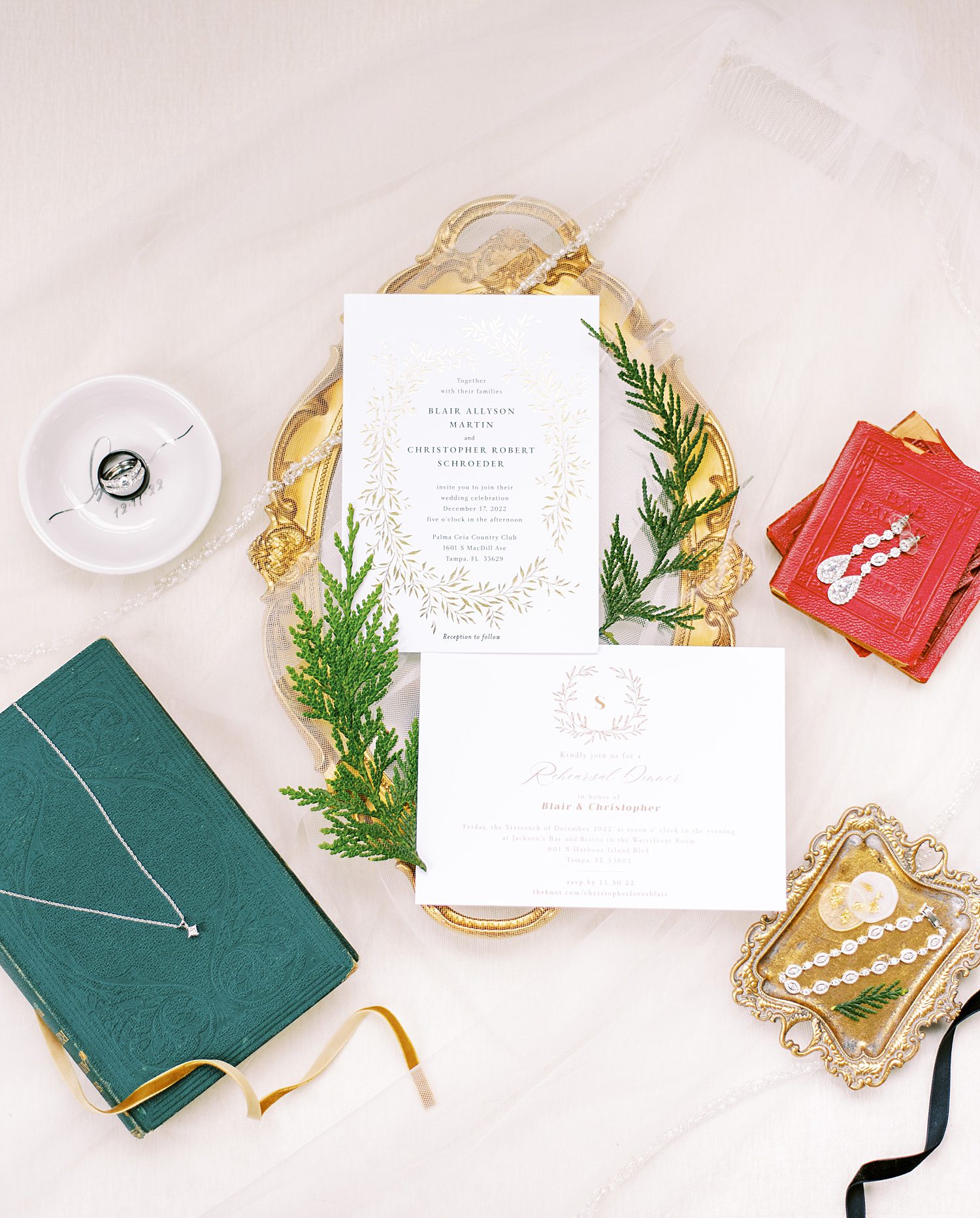 invitation and vow booklet for Christmas wedding at Palma Ceia Country Club