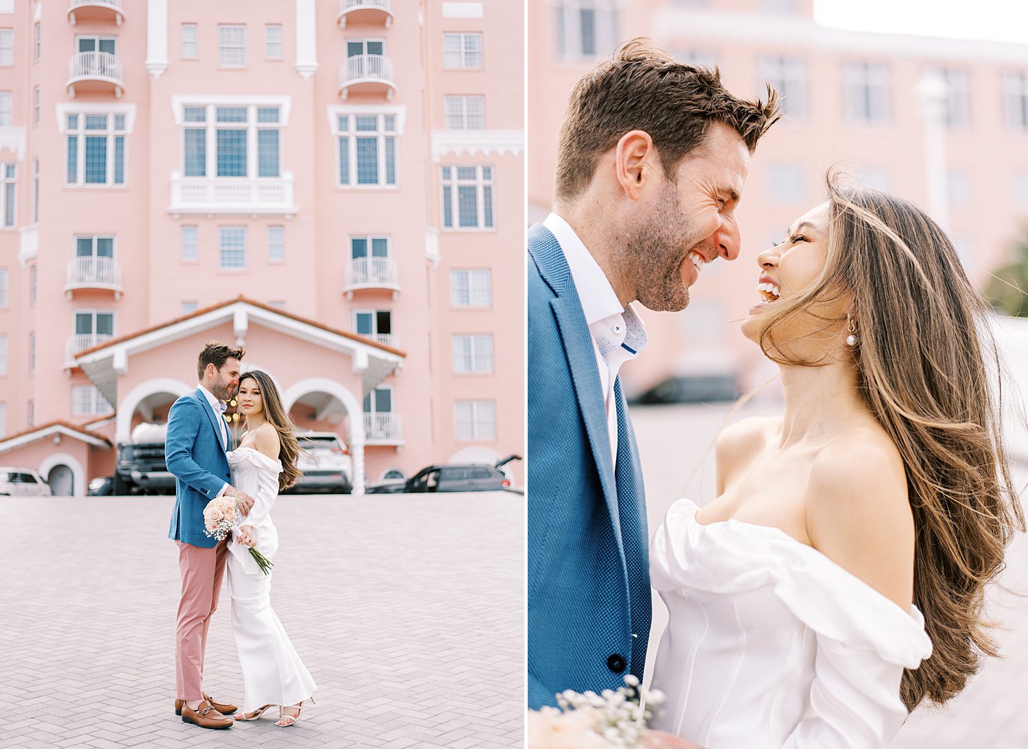 engaged couple laugh outside pink walls of the Don CeSar Hotel