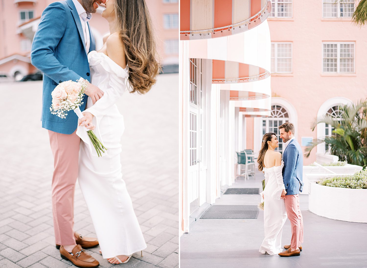 engaged couple hugs outside the Don CeSar Hotel while woman holds small bouquet