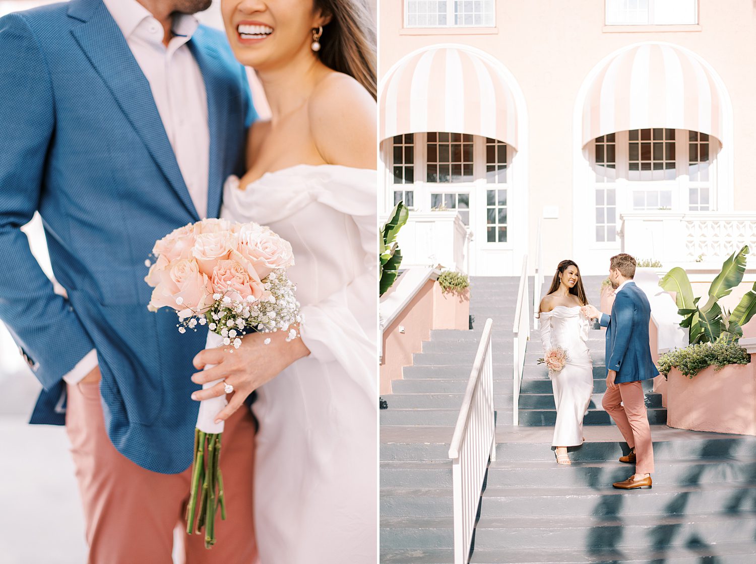 engaged couple walks down steps at The Don CeSar Hotel