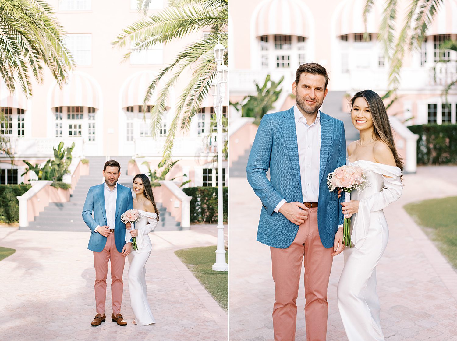 woman holds onto man's arm while holding pastel bouquet of flowers during St. Pete Beach engagement session