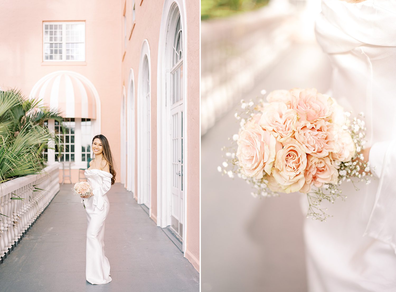 woman holds bouquet of roses during engagement session in St. Pete Beach FL