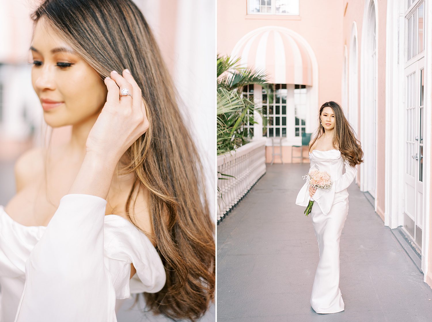 woman with long brown hair poses next to pink walls at the Don CeSar Hotel in white off-the-shoulder gown 