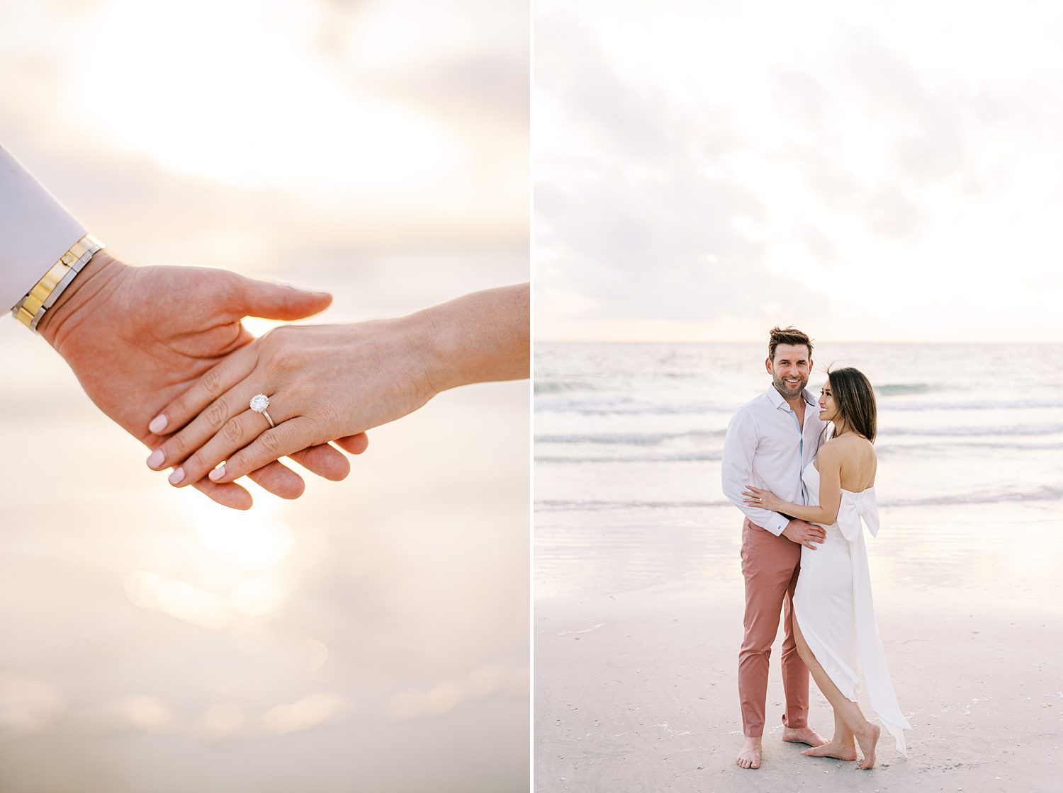 couple holds hands on beach at sunset showing off bride's ring 