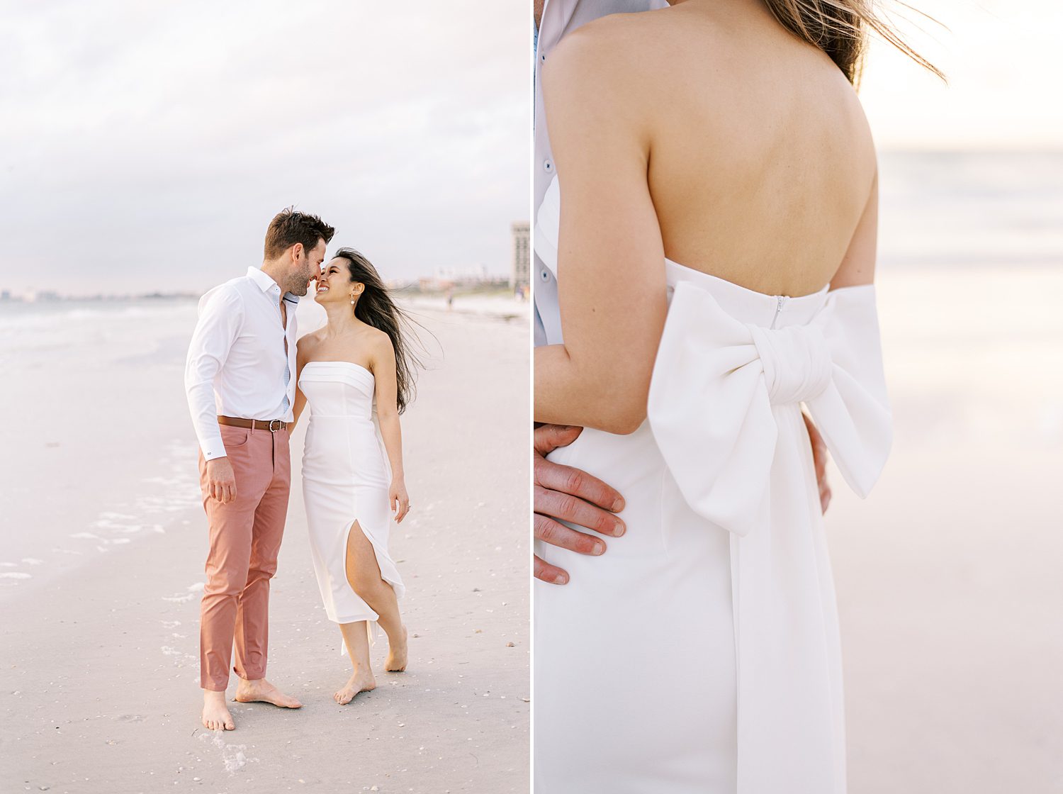 woman in strapless gown with bow on the back kisses man in white shirt with pink pants 