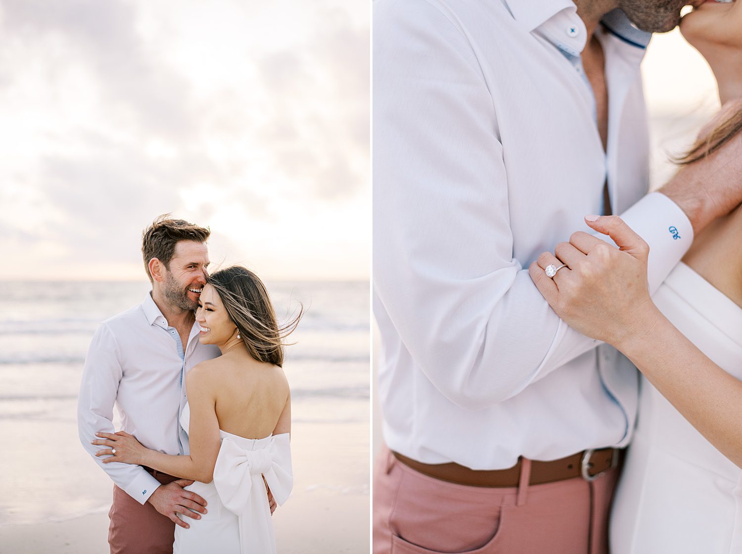 man hugs fiancee to him during St. Pete Beach engagement session