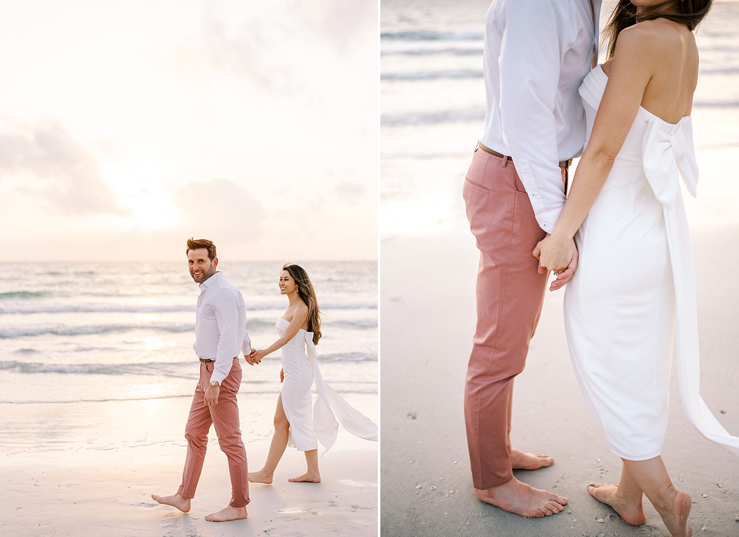 man leads bride on beach at sunset 