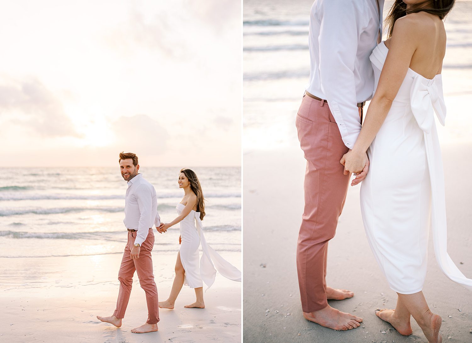 man leads bride on beach at sunset