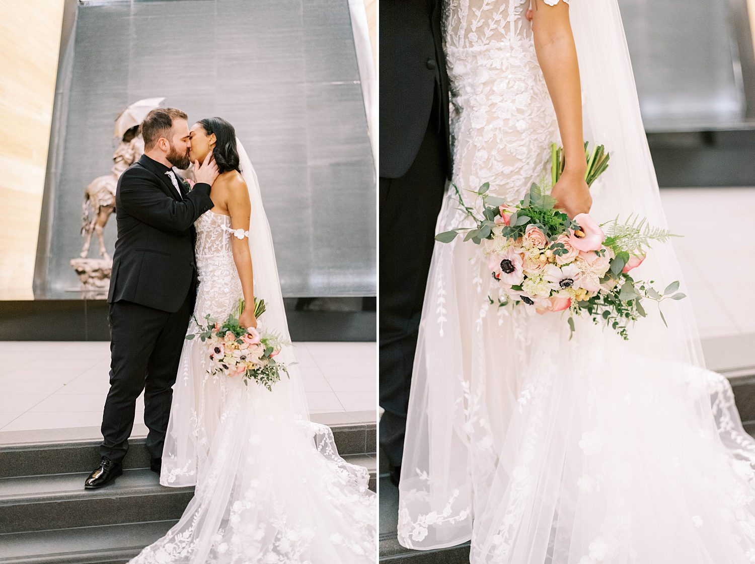 bride and groom kiss outside The James Museum in St. Petersburg FL