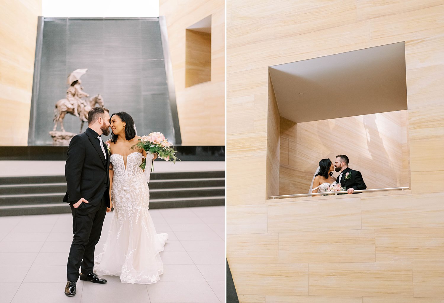 bride and groom kiss in cutout off wall at The James Museum