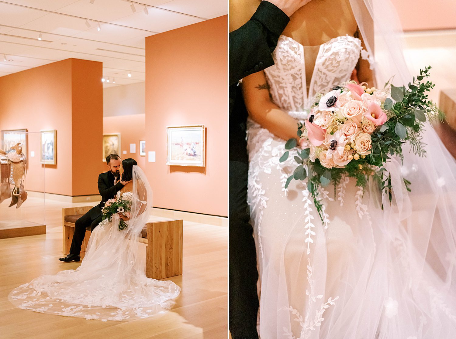 bride holds bouquet of pink and ivory flowers at The James Museum