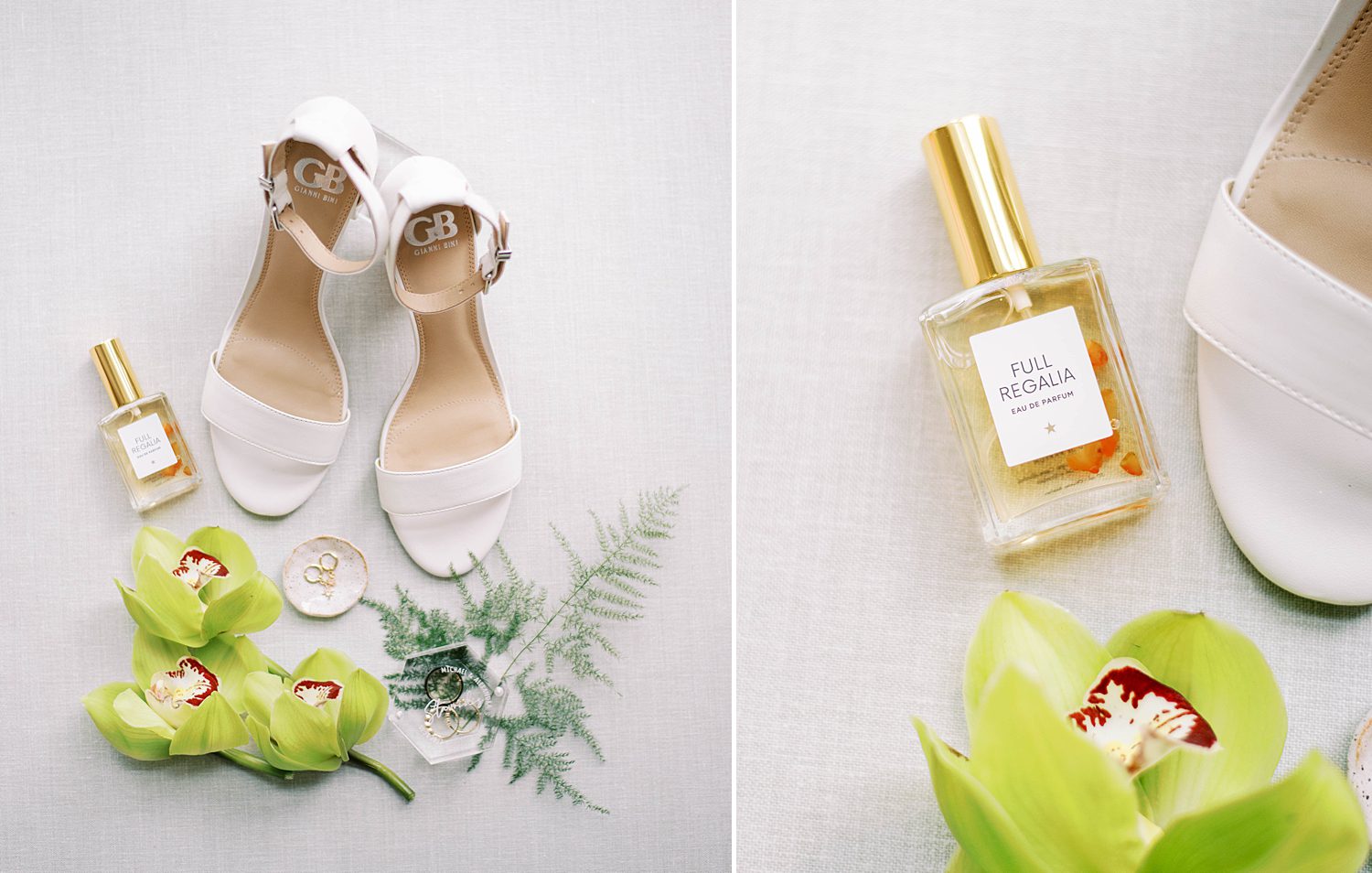 shoes and perfume with greenery and flowers