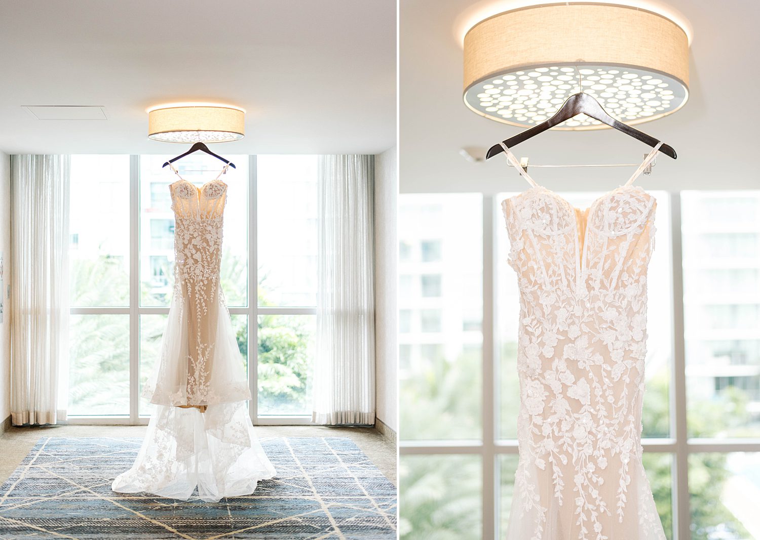 wedding gown hangs in Florida wedding hotel