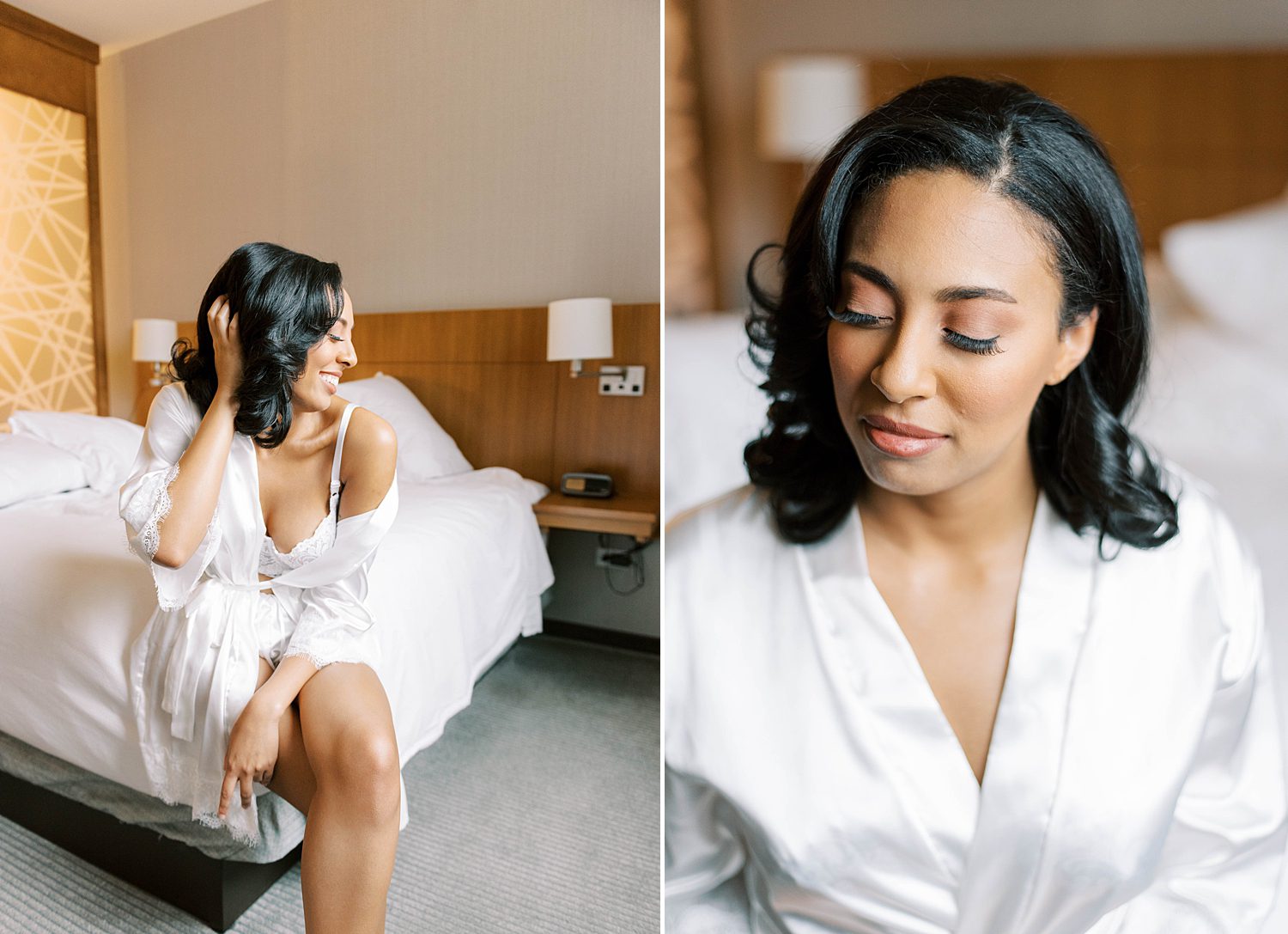 bride poses on bed smiling in white robe and nightgown