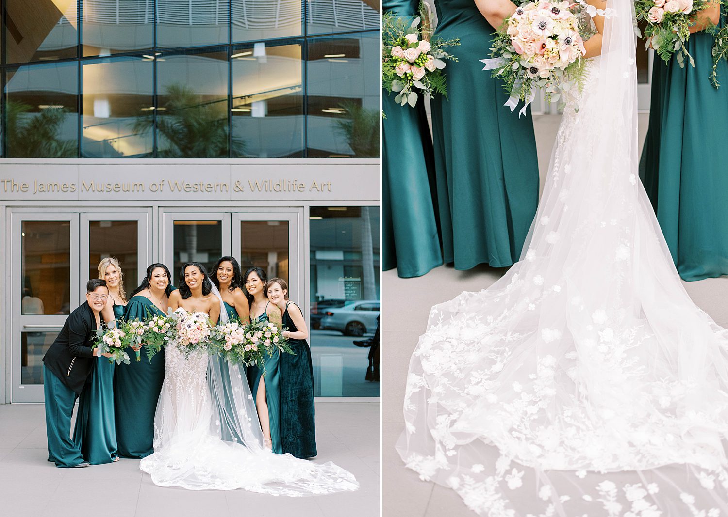 bride and bridesmaids pose outside The James Museum holding pink and white bouquet in teal gowns