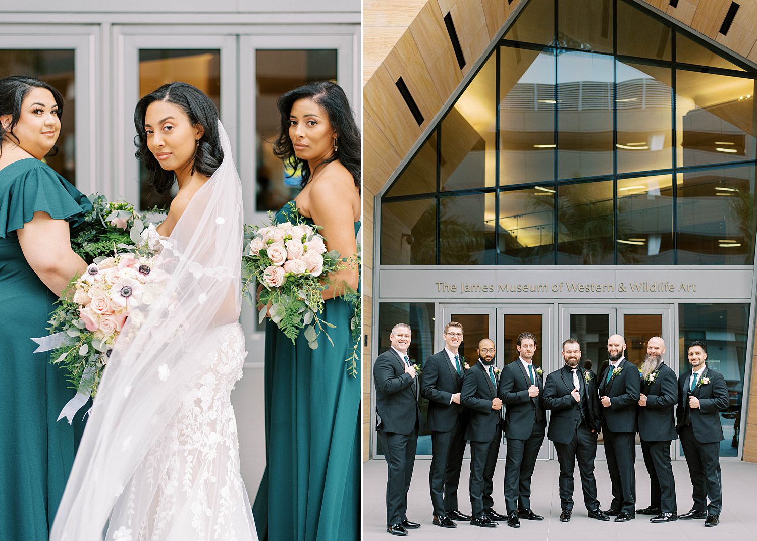 bridal party poses outside glass front of The James Museum