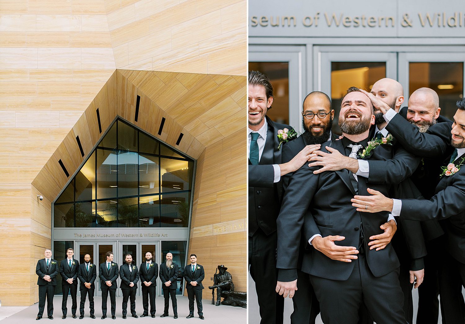 groom and groomsmen pose outside The James Museum