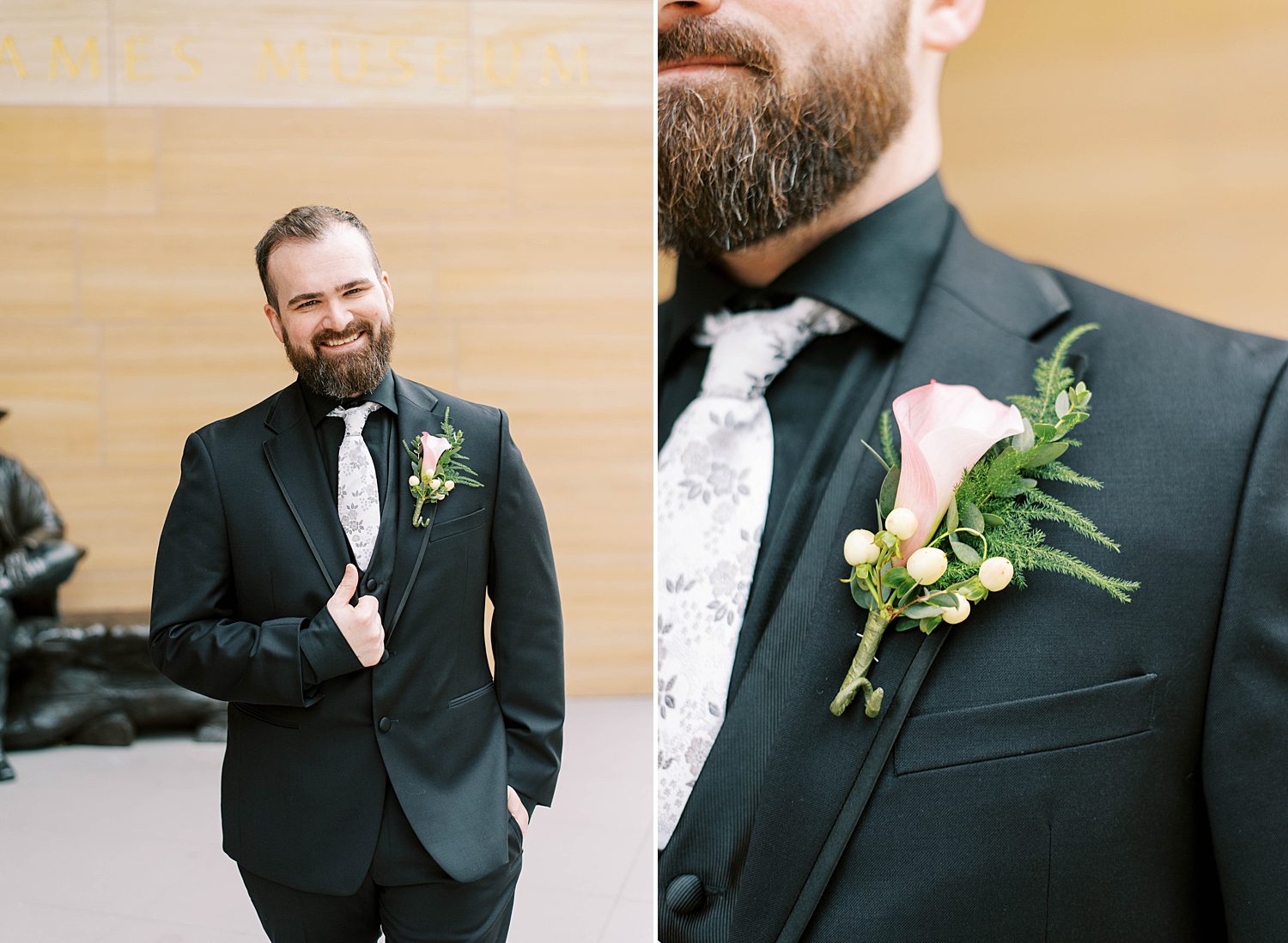 groom stands in black suit with white tie