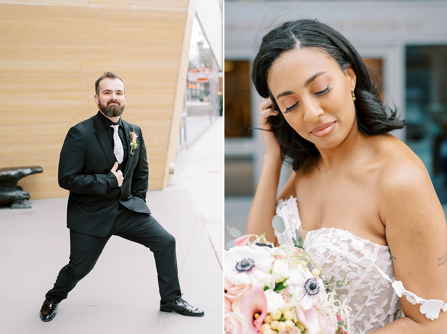 bride and groom pose outside The James Museum