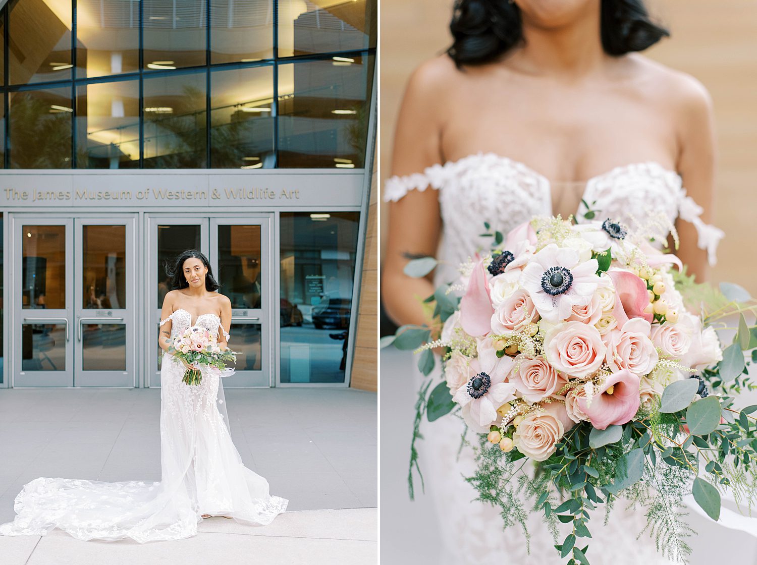 bride holds bouquet of pink and white flowers in front of off-the-shoulder gown