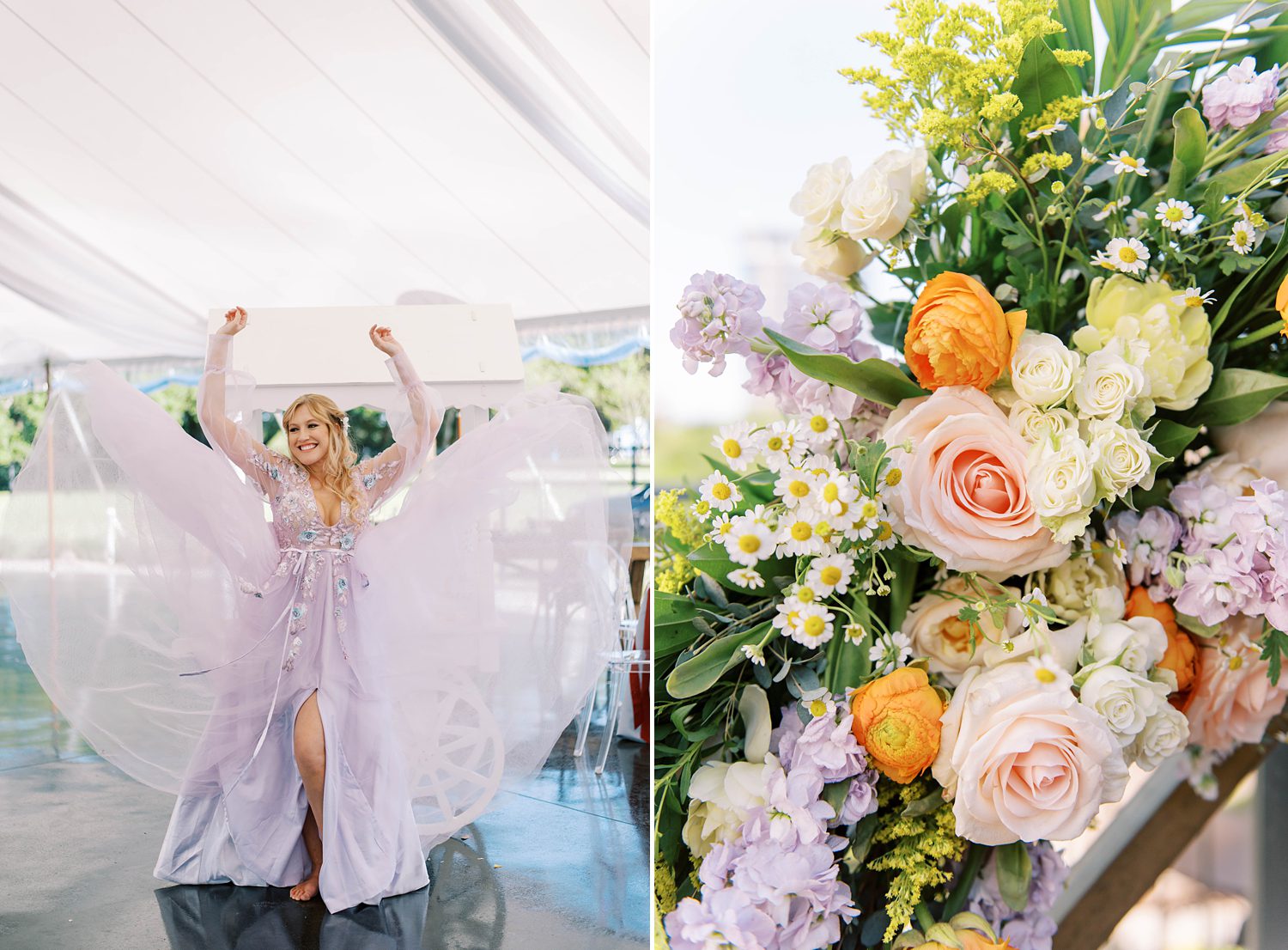 bridesmaid in purple gown tosses dress in air under tent