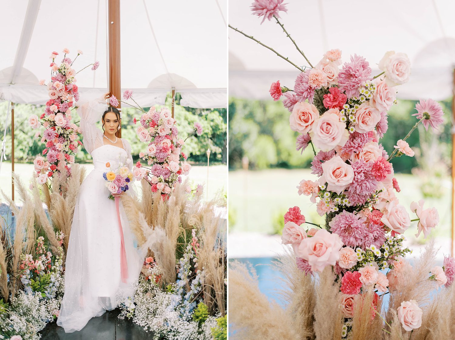 bride leans against tent pole with flowers 