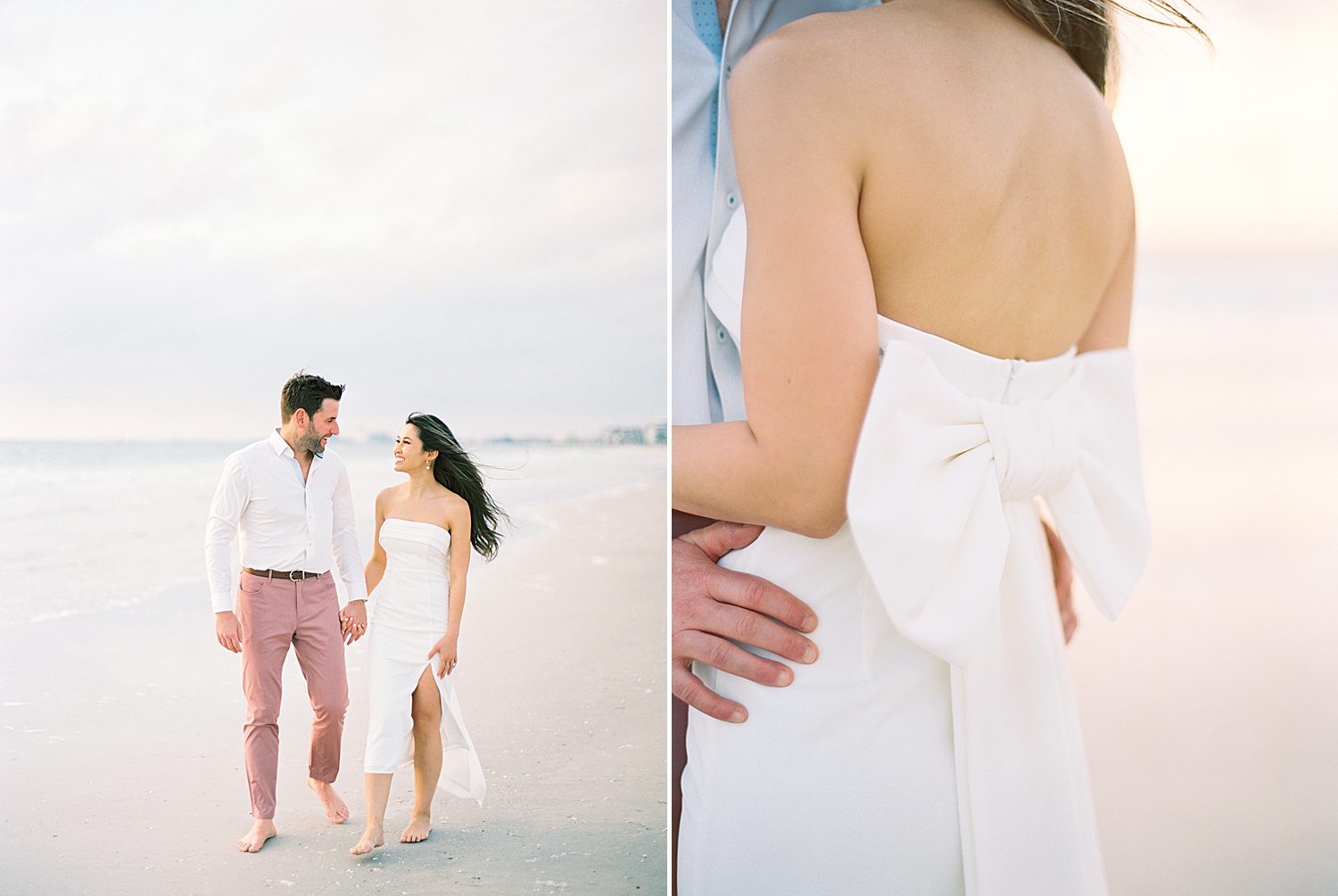 bride and groom hold hands walking on St. Pete Beach