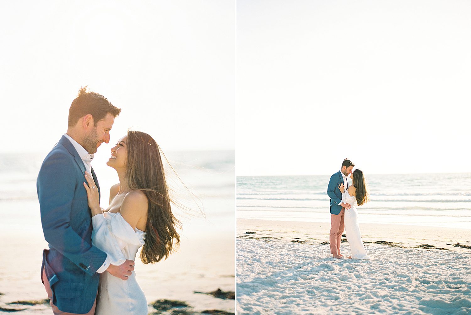 engaged couple hugs at sunset on beach
