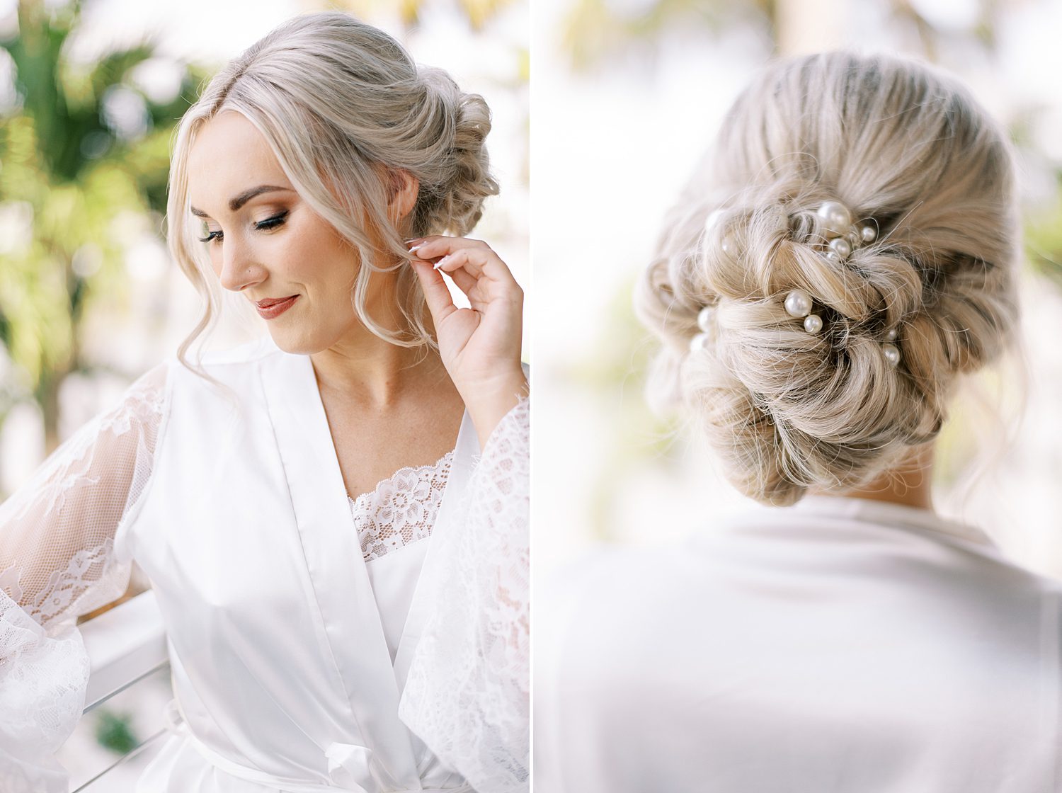 blonde bride in white robe shows off updo in Tampa FL