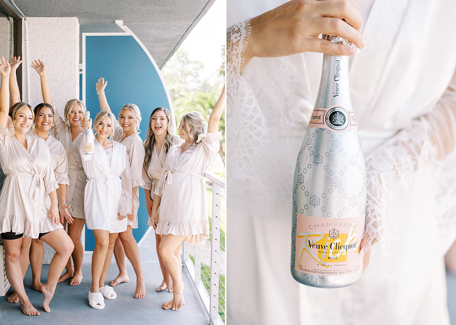 bridesmaids cheer on balcony at The Godfrey while bride holds bottle of champagne