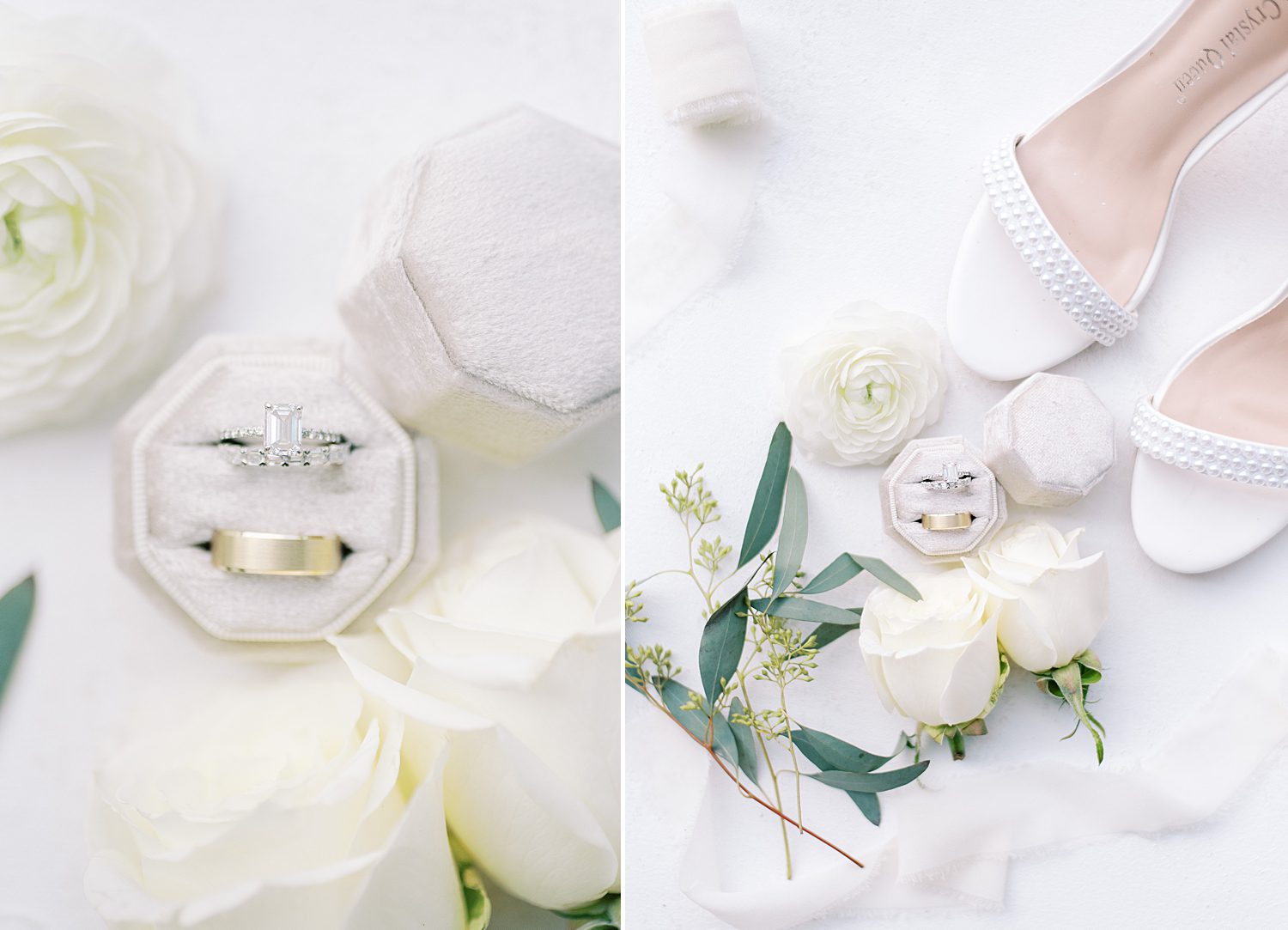 bride's shoes and rings in white ring boxes before FL wedding