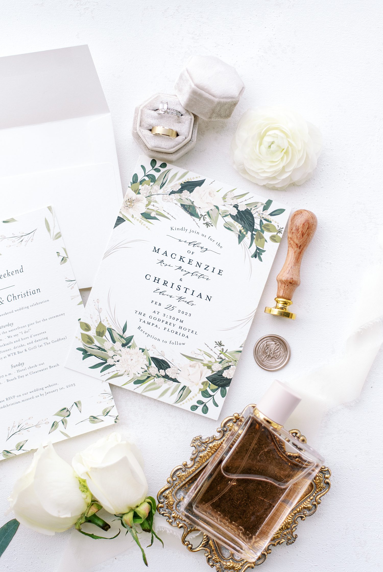 summer stationery for wedding day with greenery and wax seal
