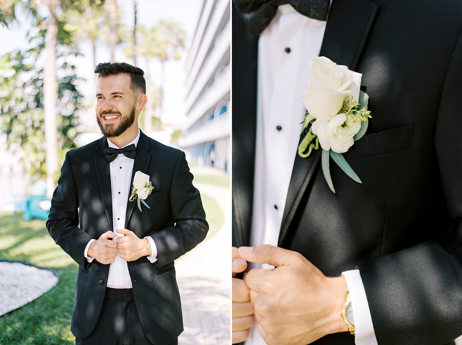 groom stands in classic black tux with white boutonniere