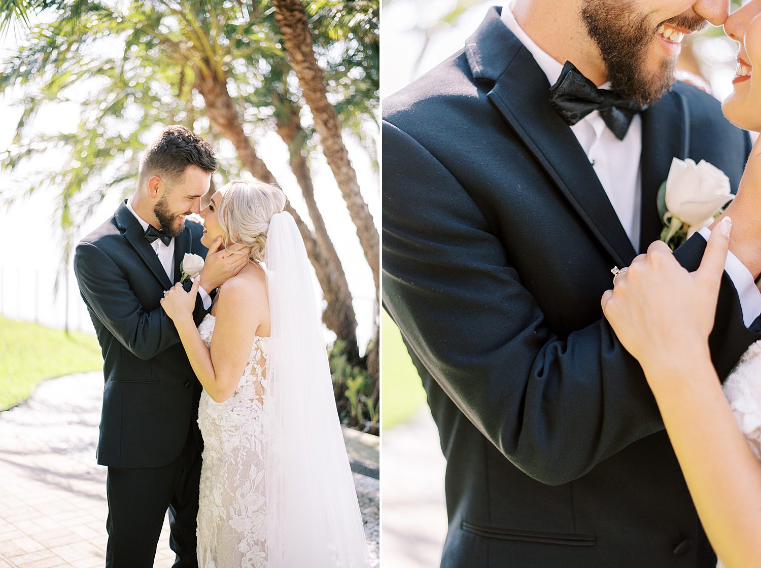 groom in black tux hugs bride to him holding her chin