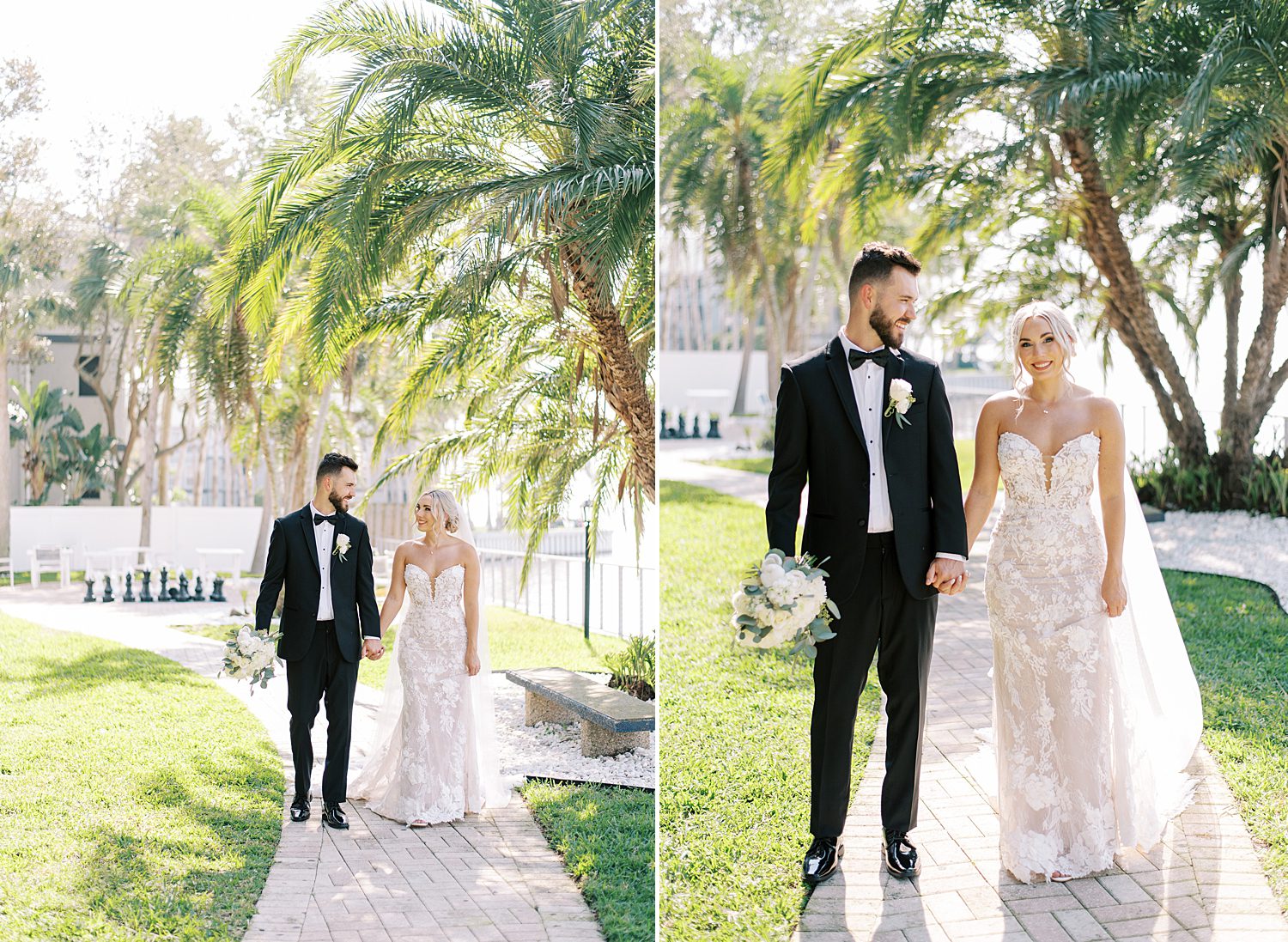 bride and groom hold hands walking down sidewalk by palm tree at The Godfrey