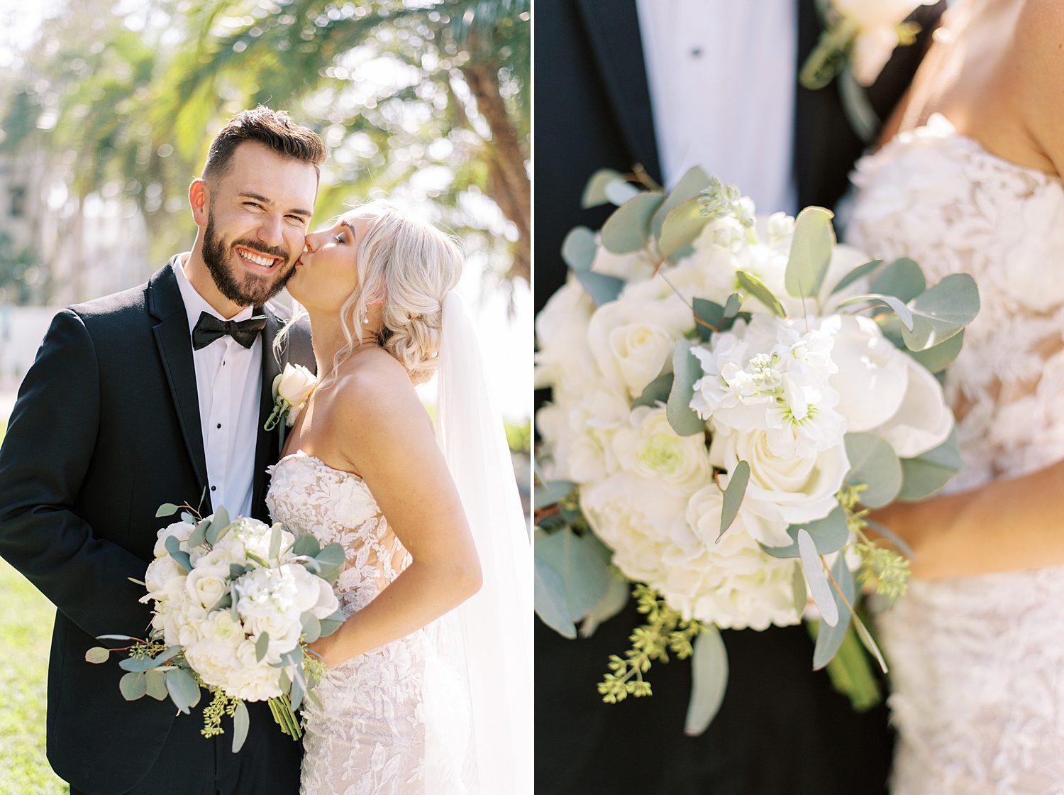 bride leans up to kiss groom holding white bouquet