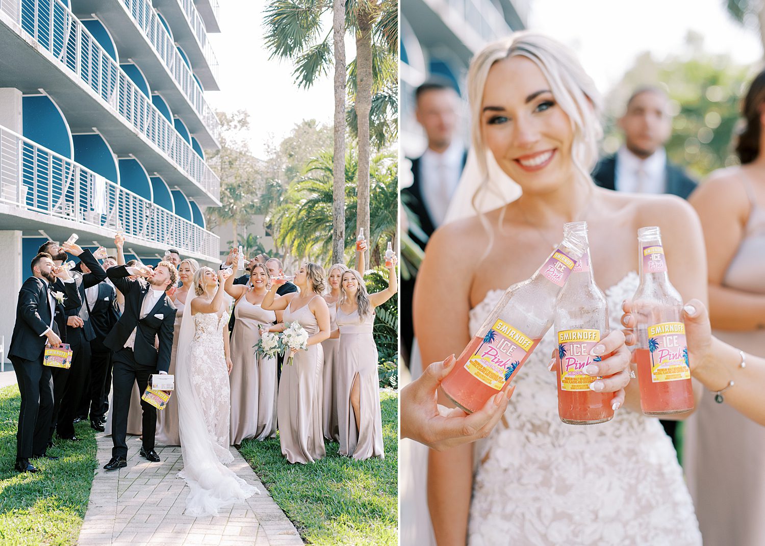 bride toasts Smirnoff with bridesmaids outside The Godfrey
