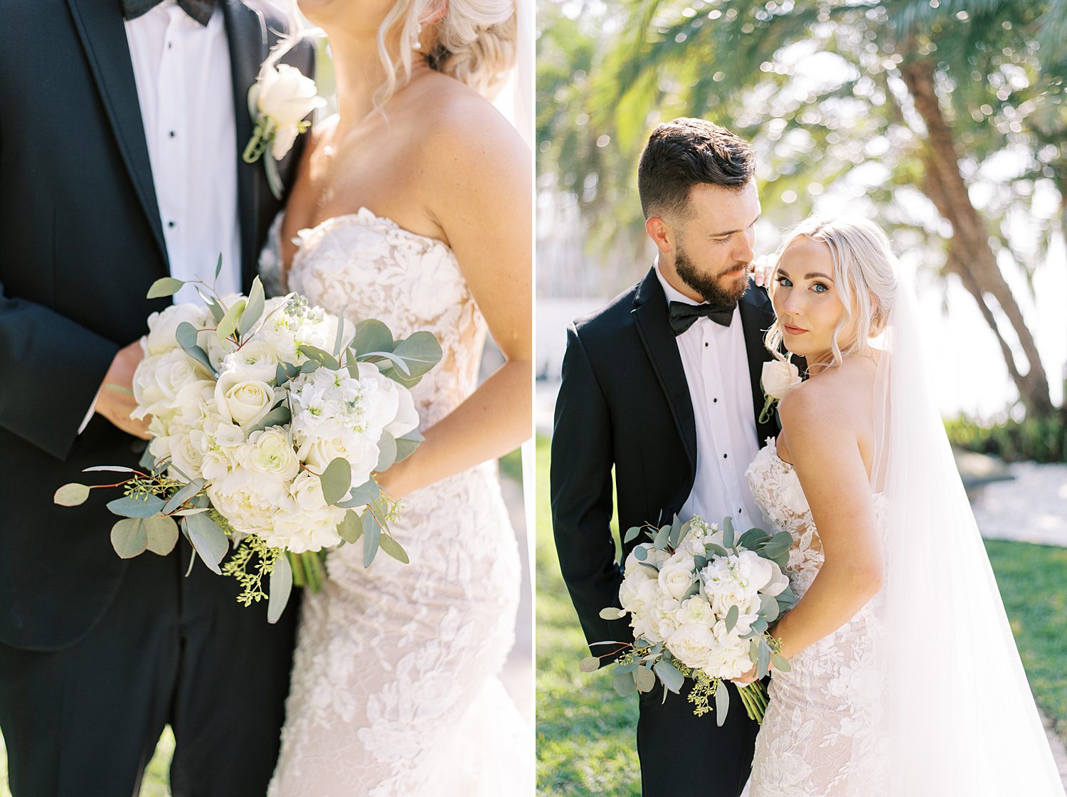 bride and groom hug with bride looking over shoulder holding ivory floral bouquet