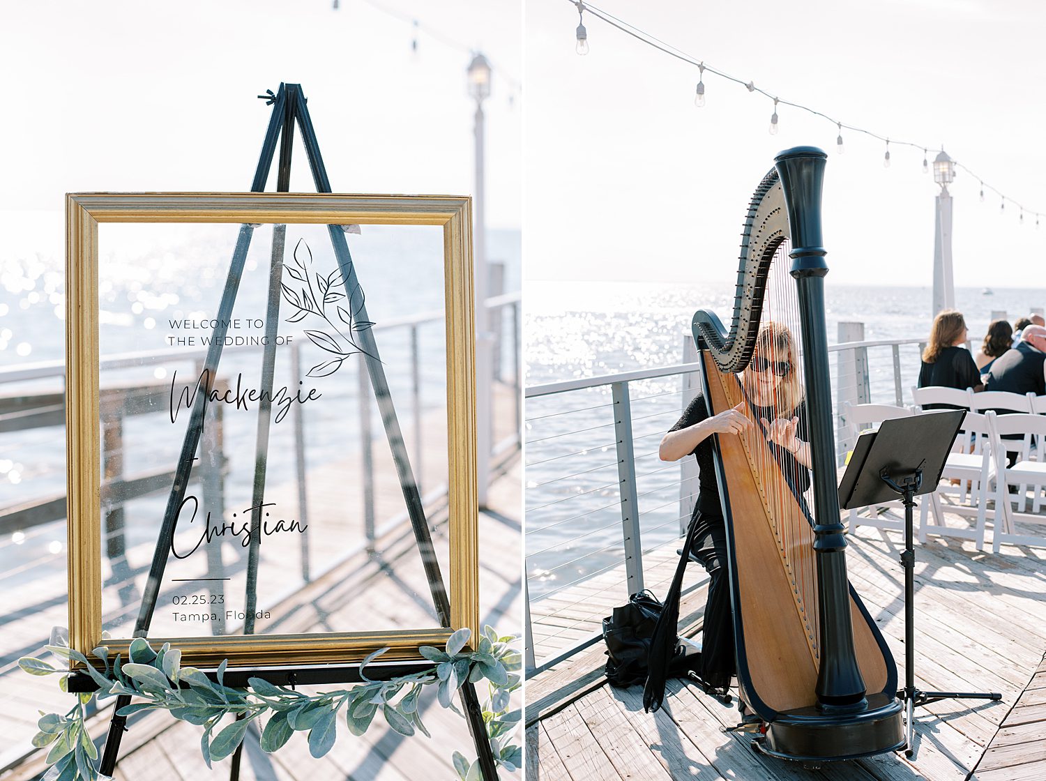 harpist performs during wedding ceremony on deck at The Godfrey