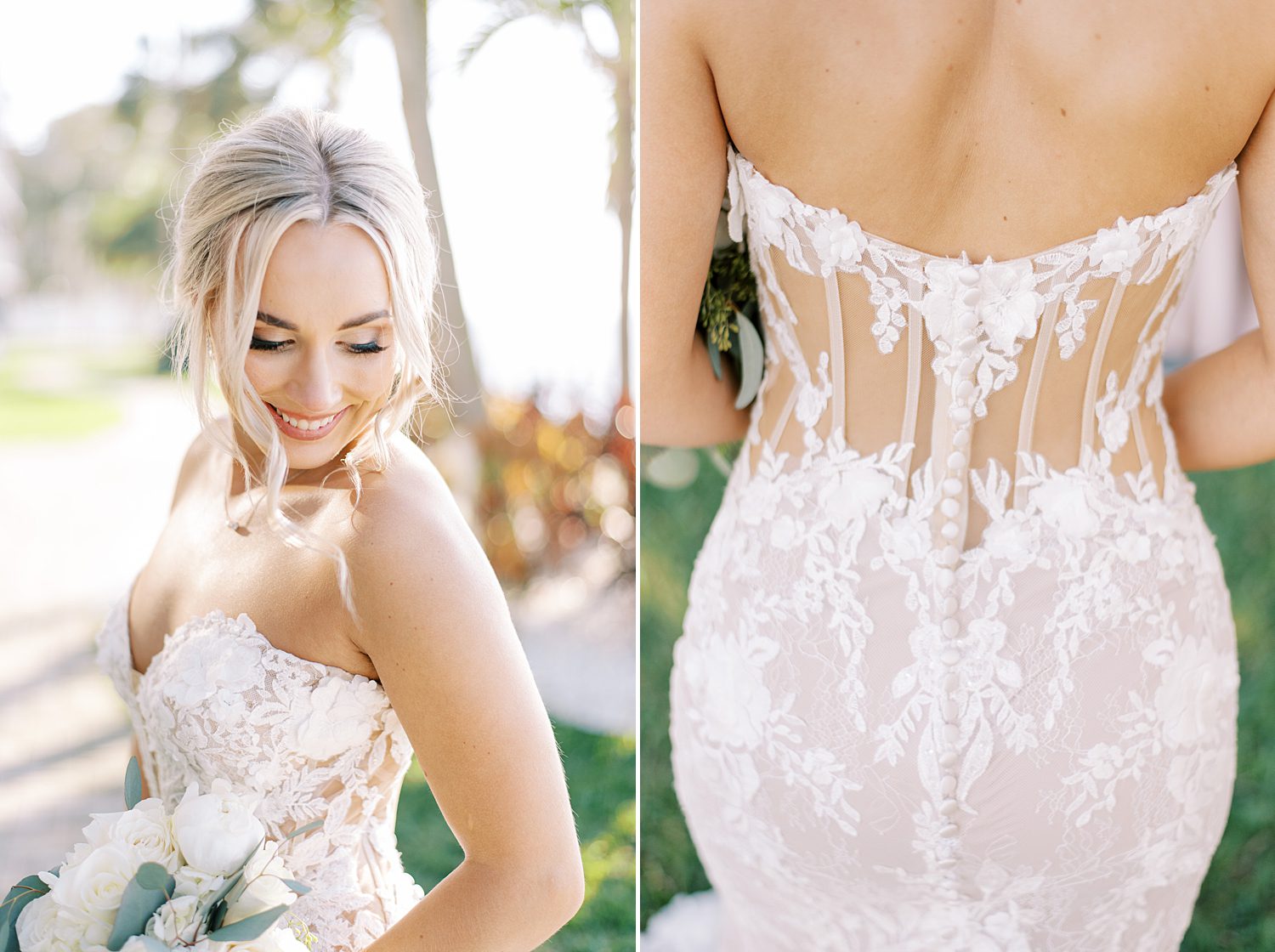 bride smiles in wedding gown with sheer corset bodice