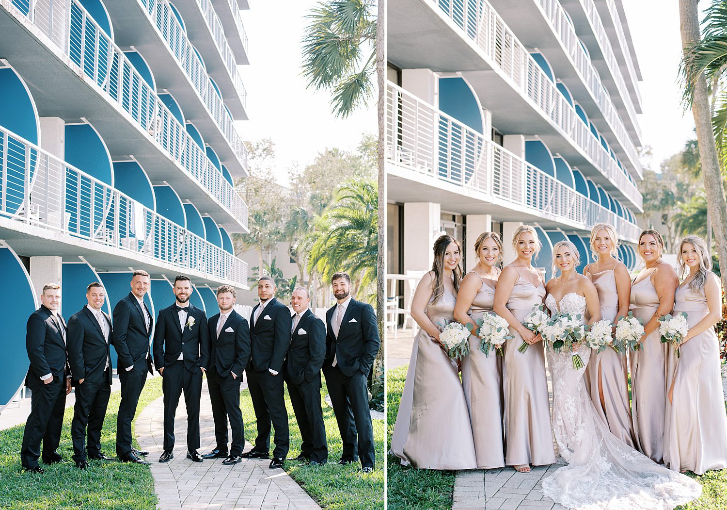 bride and groom pose with bridesmaids and groomsmen near blue balconies outside The Godfrey Hotel