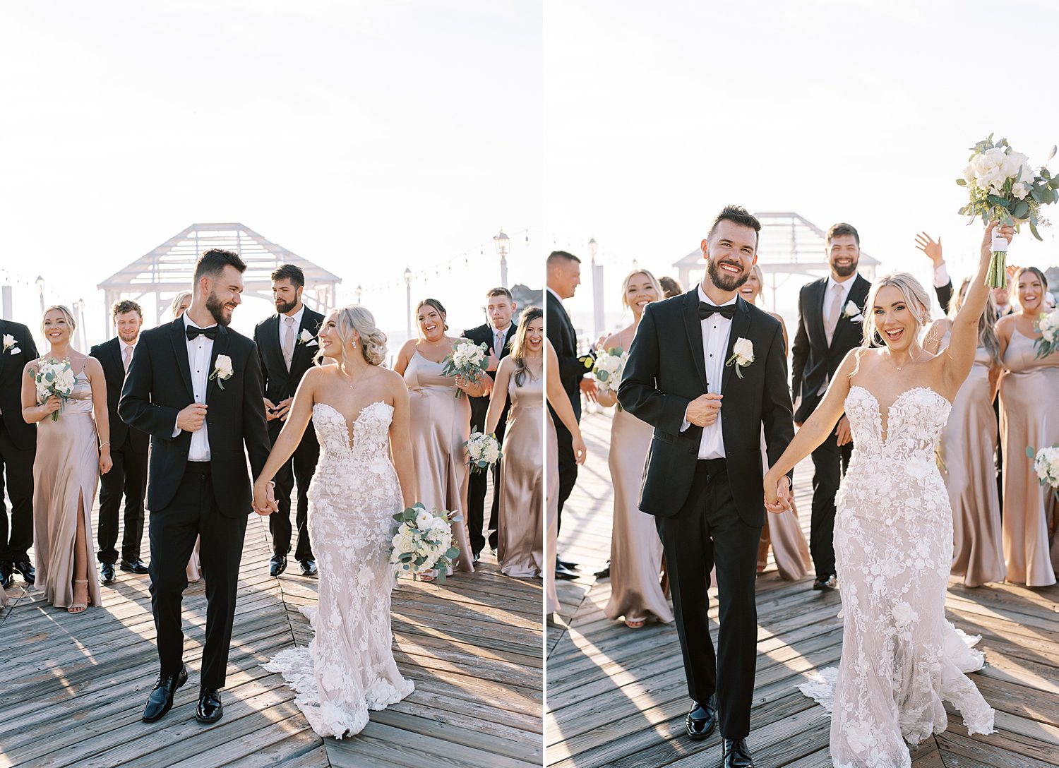 newlyweds hold hands cheering down wooden dock with wedding party