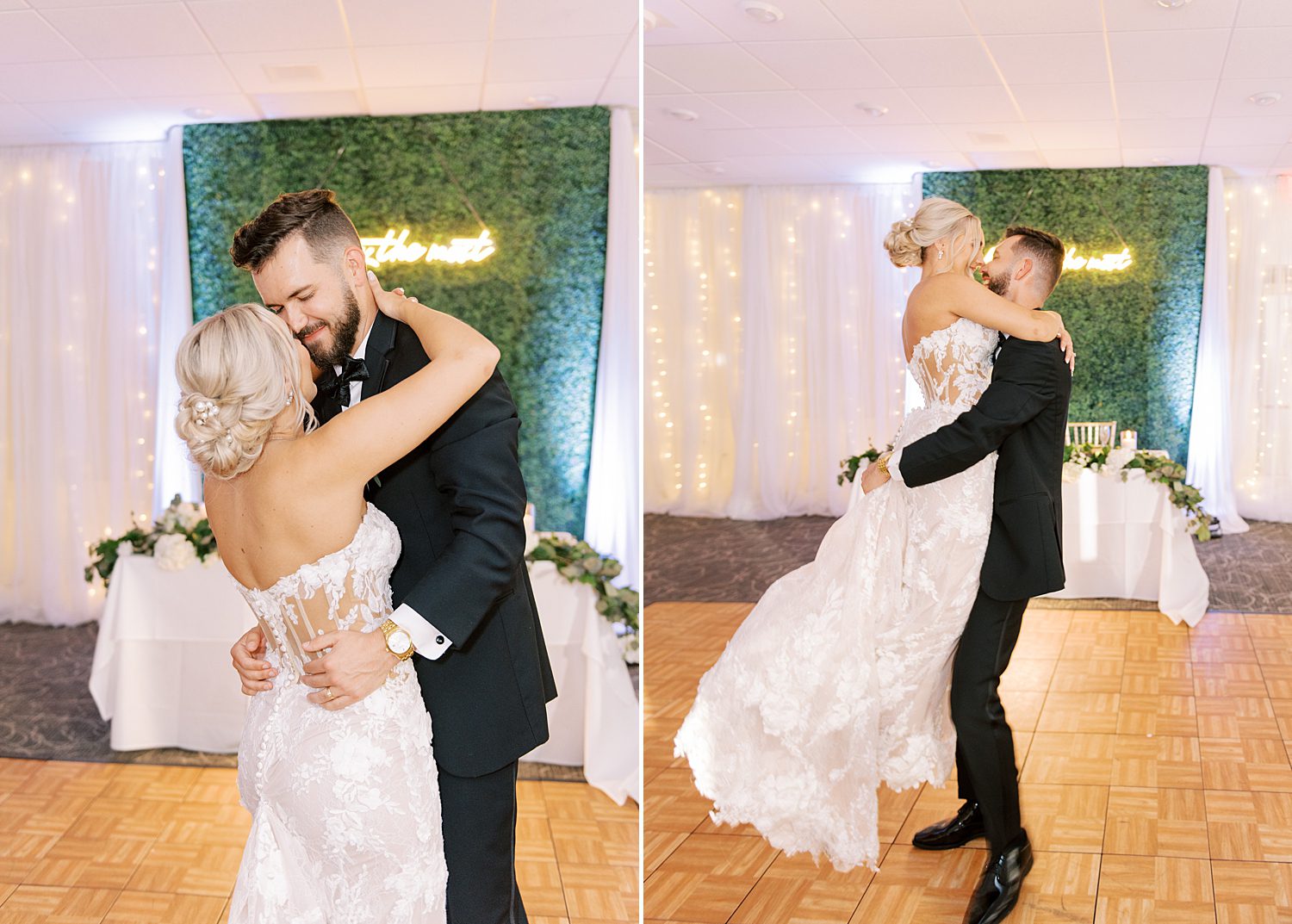 groom lifts bride and twirls her on dance floor during Godfrey wedding reception