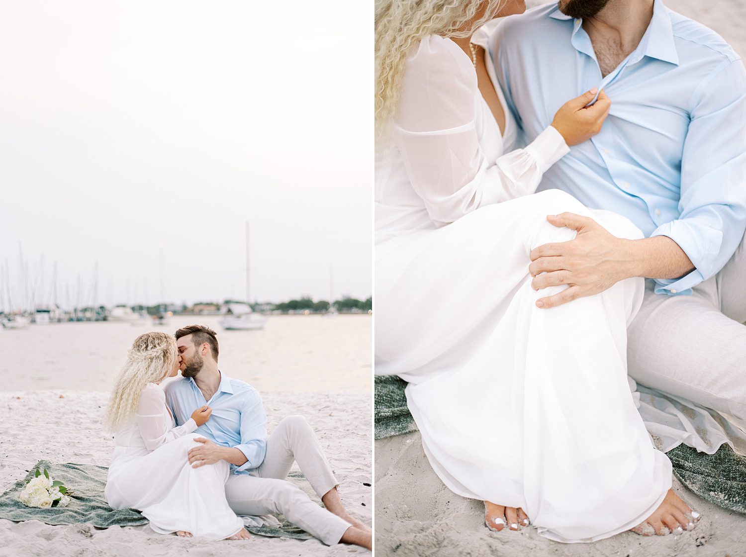 engaged couple sits on blanket talking on Davis Island beach