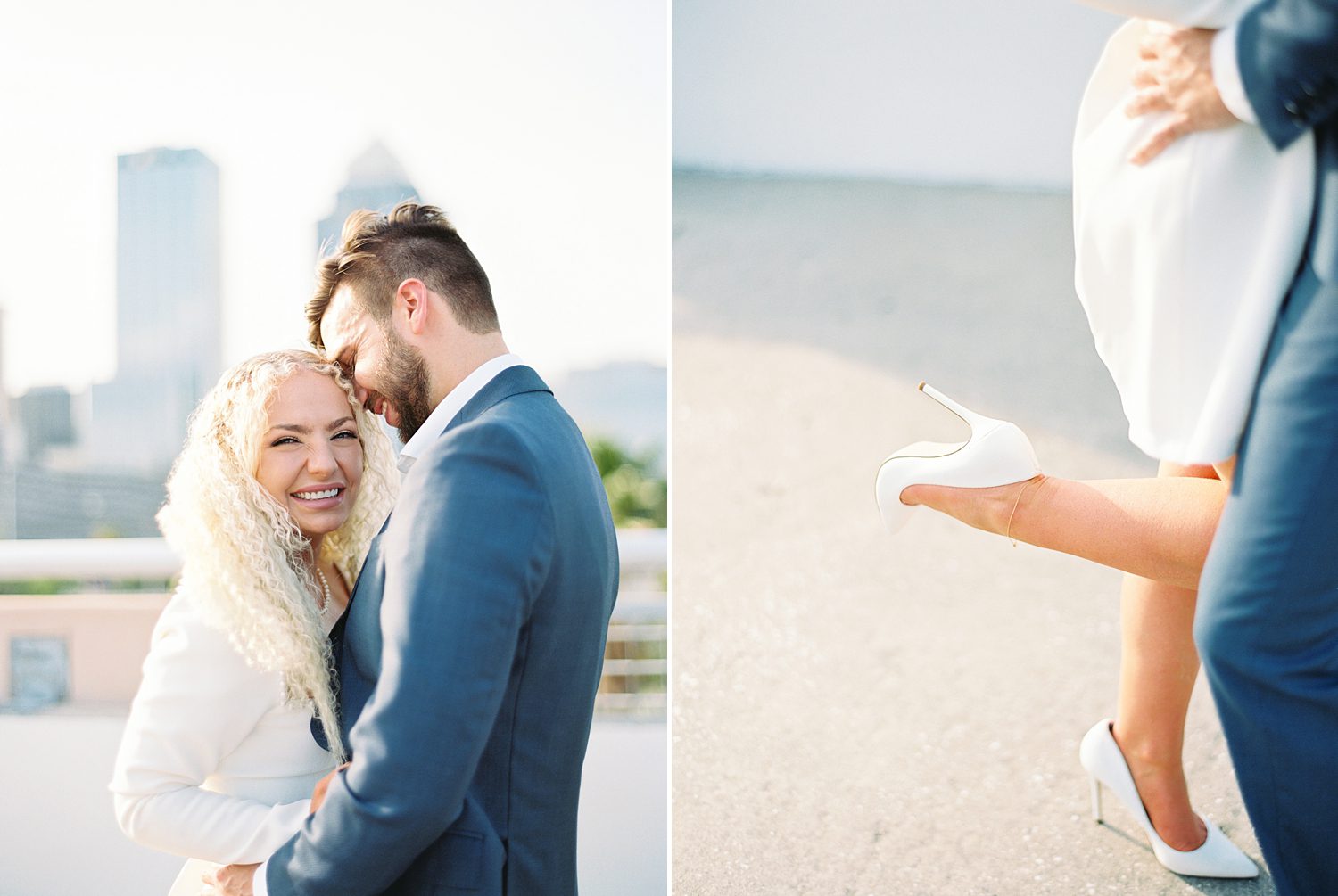 engaged couple hugs on rooftop in Tampa FL