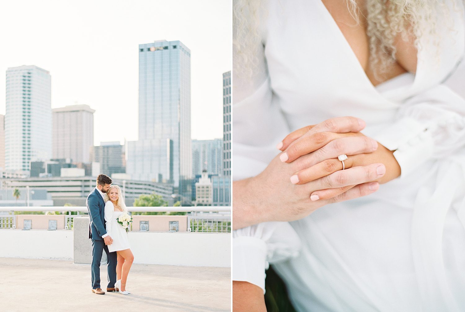 engaged couple hugs on rooftop during engagement photos