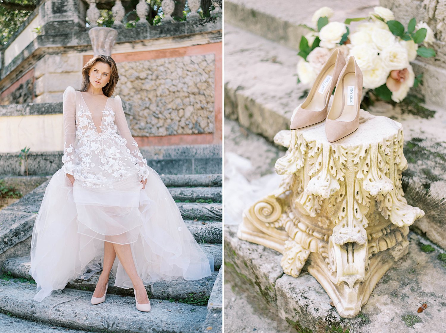 bride lifts up skirt of wedding dress on steps at Vizcaya Museum